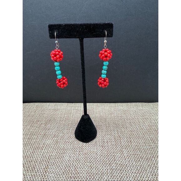 Red Coral & Turquoise Beaded Dangle Earrings – Boho Southwestern Style - Picture 1 of 5